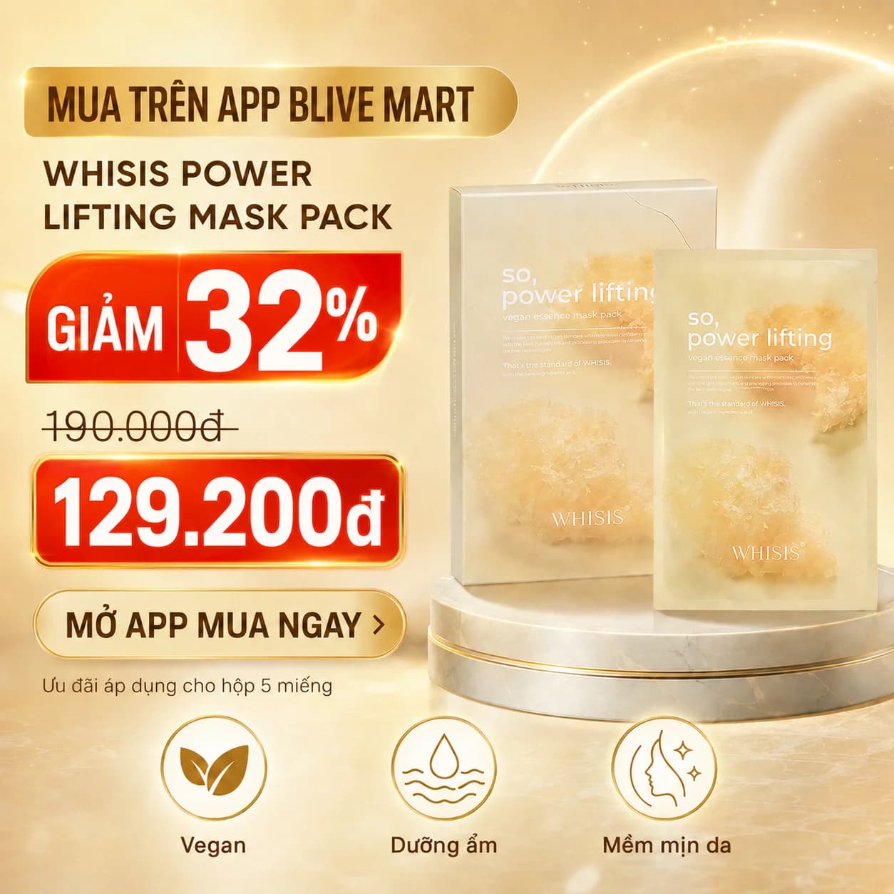 Mặt Nạ Giấy Dưỡng Da Thuần Chay Cao Cấp WHISIS Power Lifting Vegan Essence Mask Pack (27gx5 miếng)