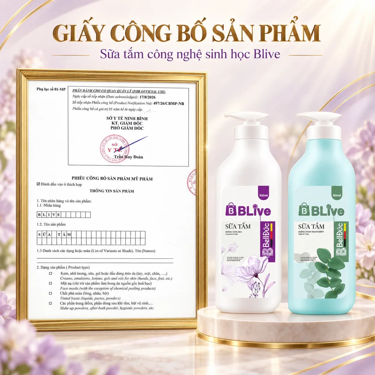 Sữa Tắm Cao Cấp Blive Hương Thanh Khiết 800ml (Thảo dược vương xanh)
