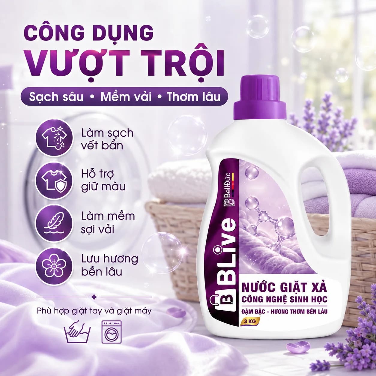 3kg Nước Giặt Xả Cao Cấp Công Nghệ Sinh Học Blive Can Tím