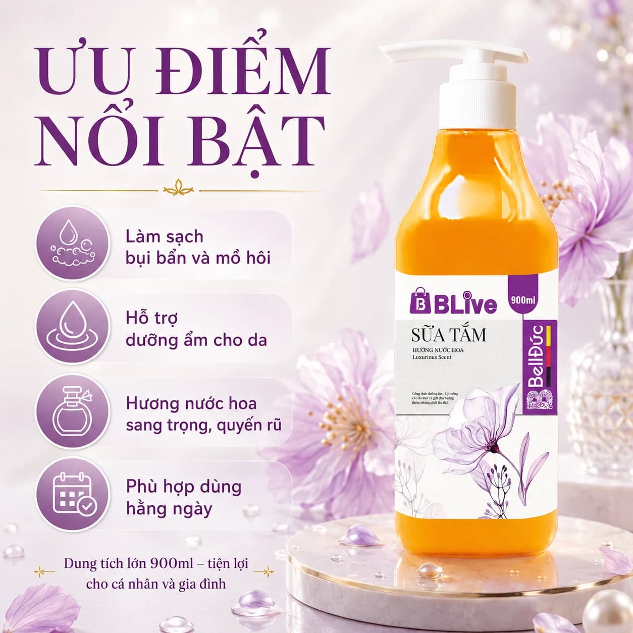 Sữa Tắm Cao Cấp Blive Hương Nước Hoa 900ml (Vuông vàng tem tím)