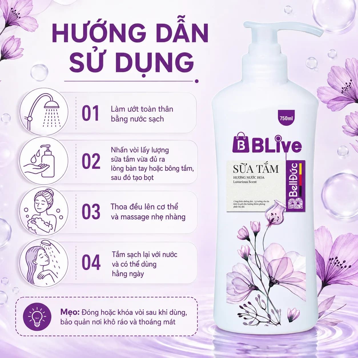 Sữa Tắm Cao Cấp Blive Hương Nước Hoa 750ml (Chai hàn lùn tím)