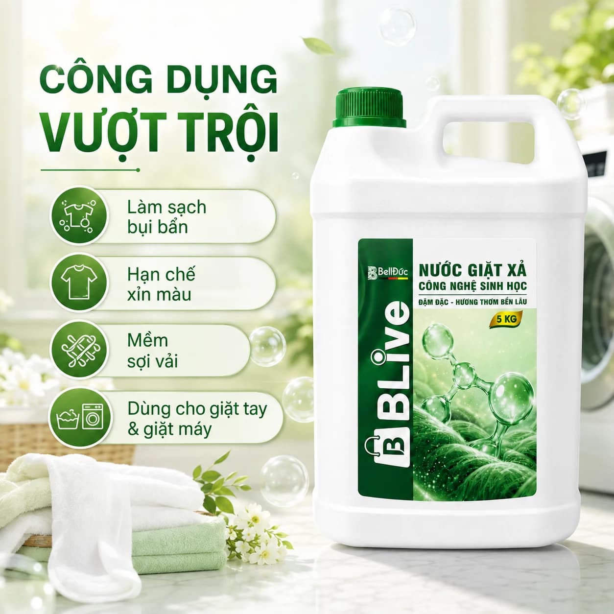 5kg Nước Giặt Xả Cao Cấp Công Nghệ Sinh Học Blive (Xanh Lá)