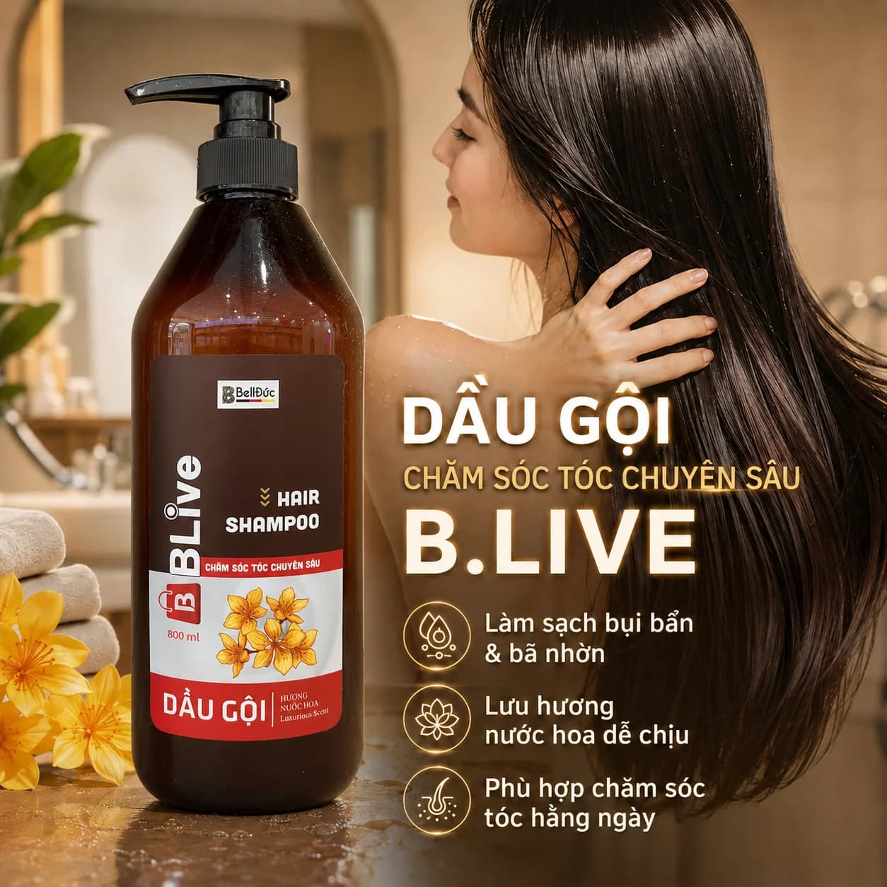 Dầu Gội Cao Cấp Blive Hair Shampoo Hương Nước Hoa 800ml (Chai tròn dẹt tem đỏ)