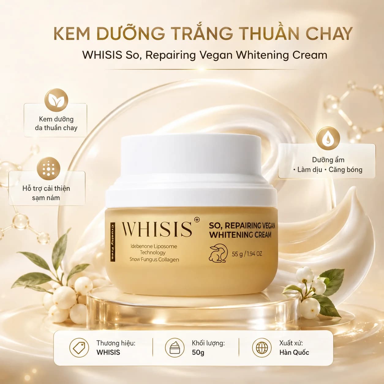 Kem Dưỡng Trắng Thuần Chay Cải Thiện Sạm Nám WHISIS So Repairing Vegan Whitening Cream (50g)