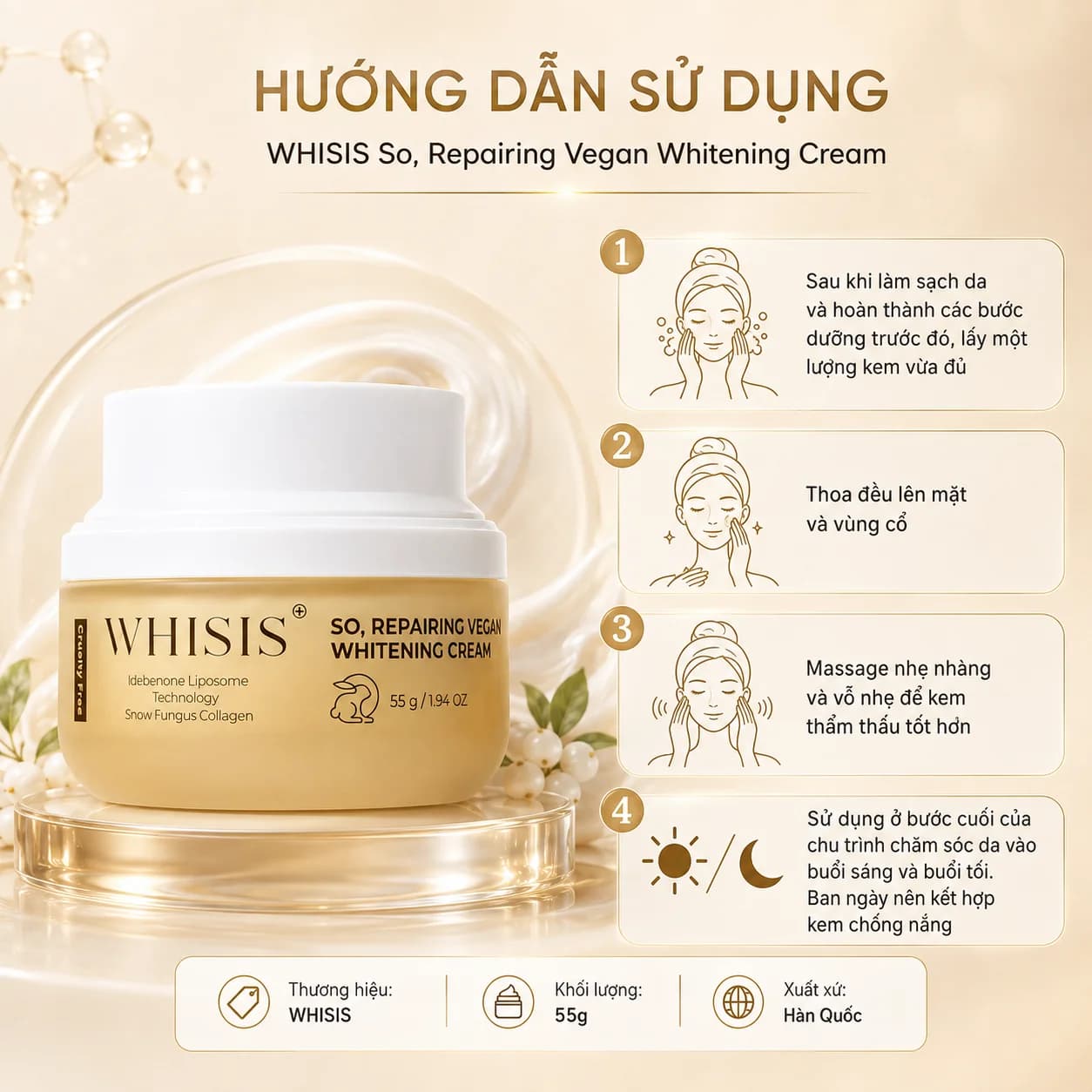 Kem Dưỡng Trắng Thuần Chay Cải Thiện Sạm Nám WHISIS So Repairing Vegan Whitening Cream (50g)