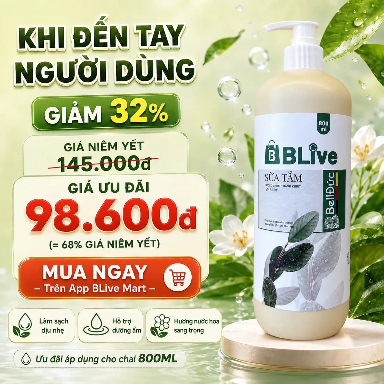 Sữa Tắm Cao Cấp Blive Hương Thanh Khiết 800ml (Chai tròn HD tem tím)