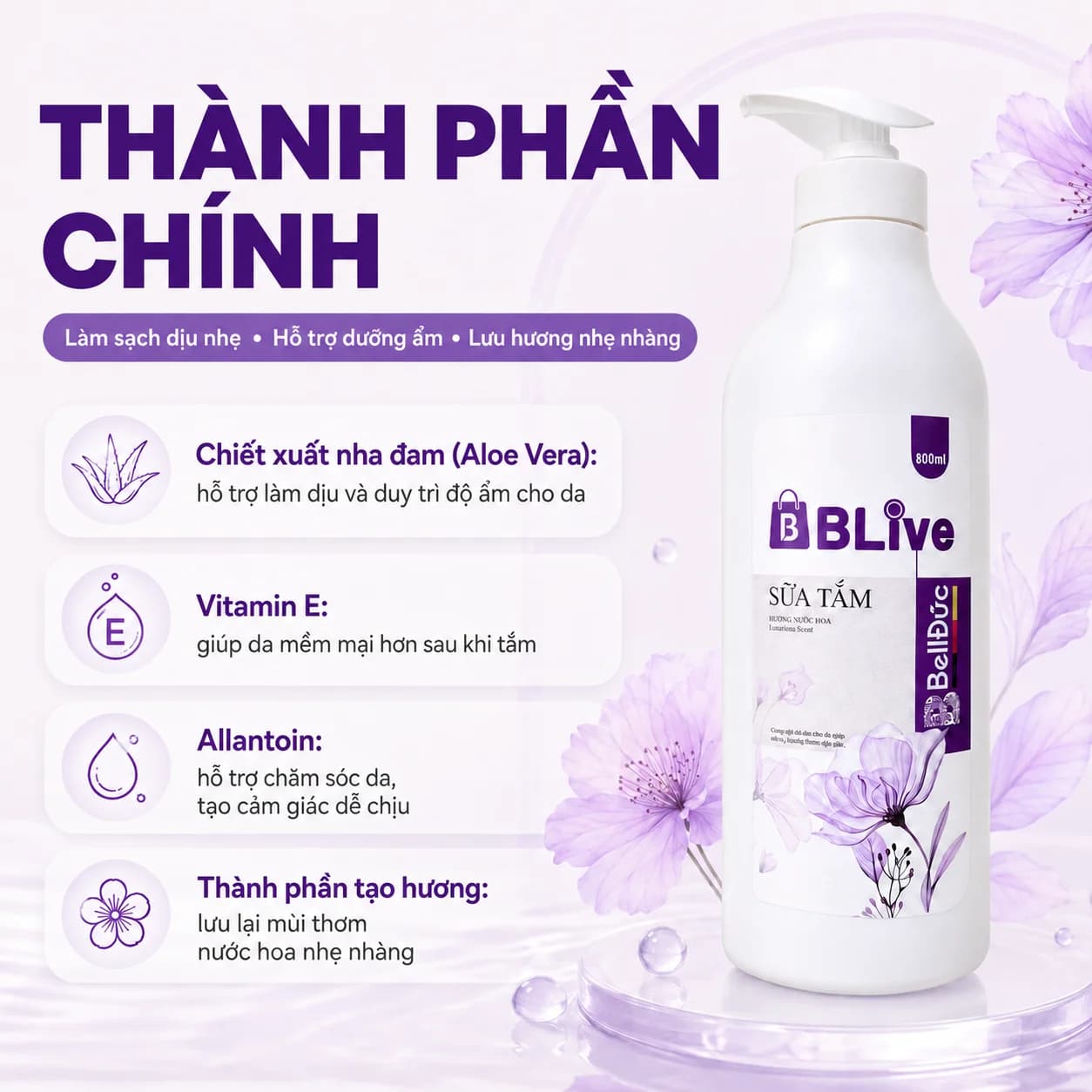 Sữa Tắm Cao Cấp Blive Hương Nước Hoa 800ml (Thảo dược vương tím)
