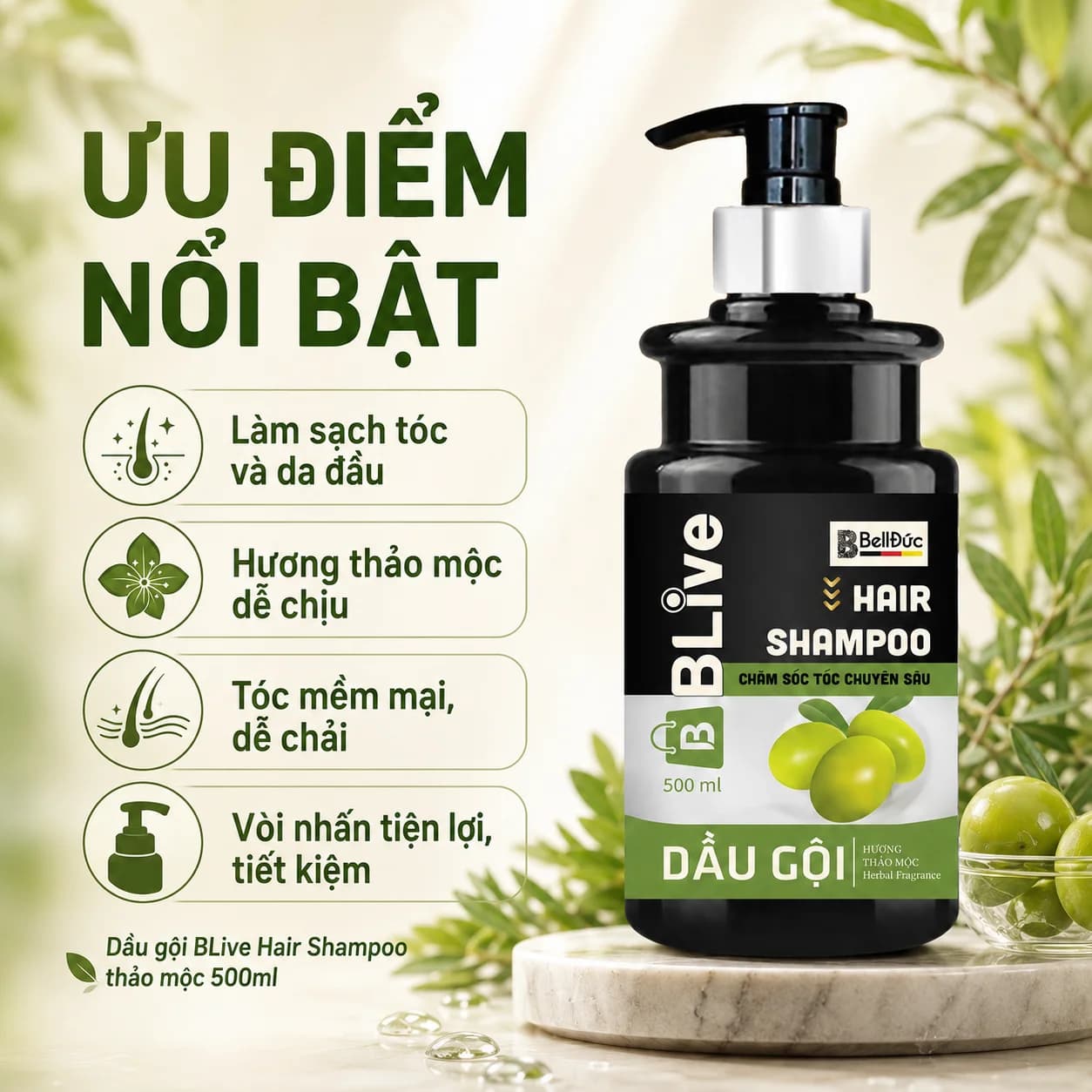 Dầu Gội Cao Cấp Blive Hair Shampoo Thảo Mộc 500ml (Chai tròn trụ đen tem xanh)