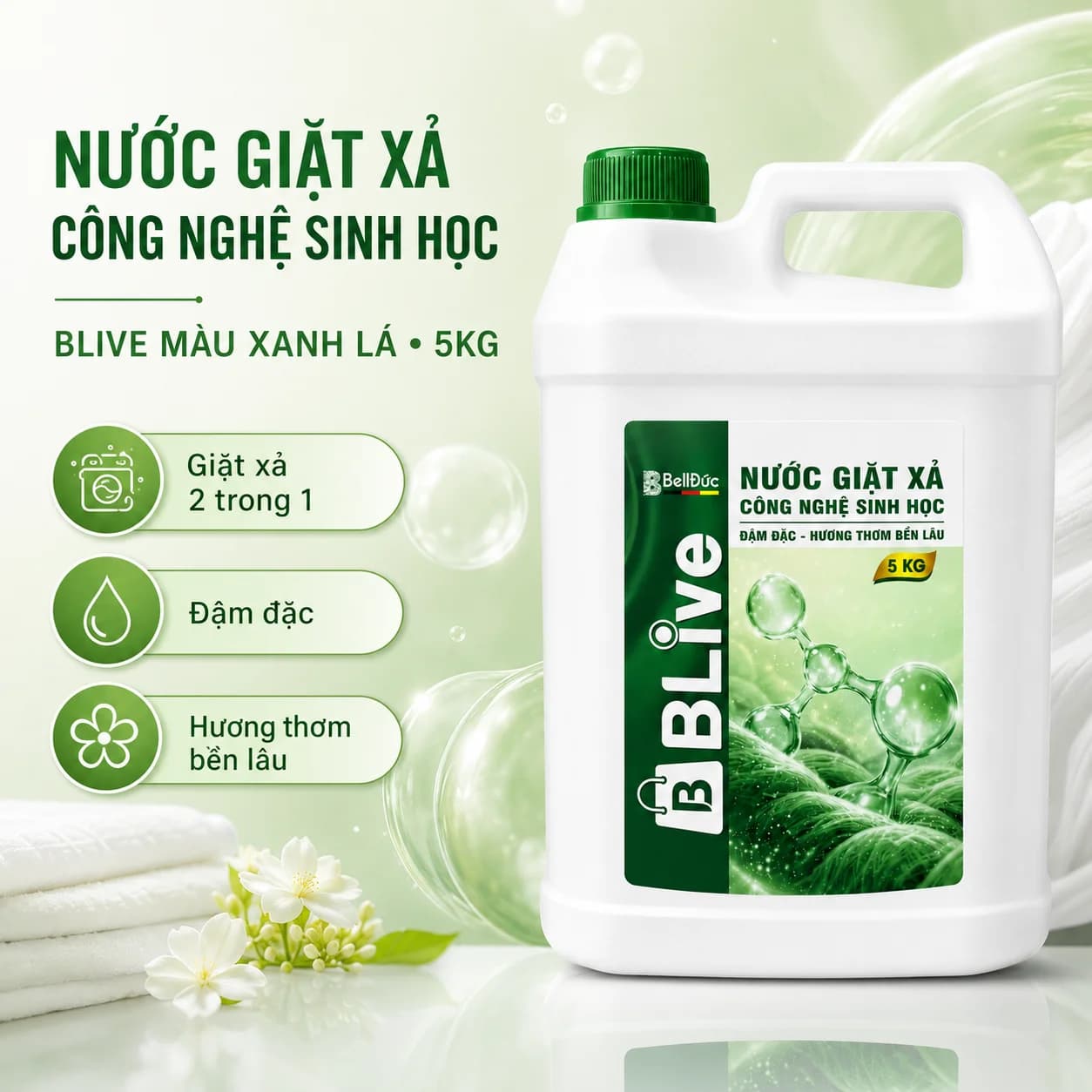 5kg Nước Giặt Xả Cao Cấp Công Nghệ Sinh Học Blive (Xanh Lá)