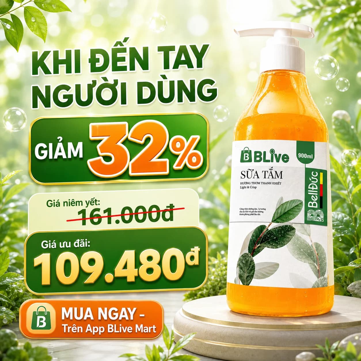 Sữa Tắm Cao Cấp Blive Hương Thơm Thanh Khiết 900ml (Vuông vàng tem xanh)