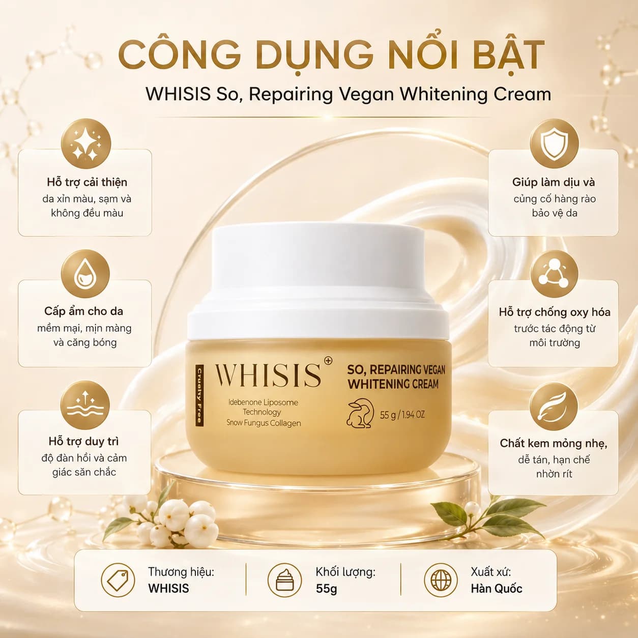 Kem Dưỡng Trắng Thuần Chay Cải Thiện Sạm Nám WHISIS So Repairing Vegan Whitening Cream (50g)