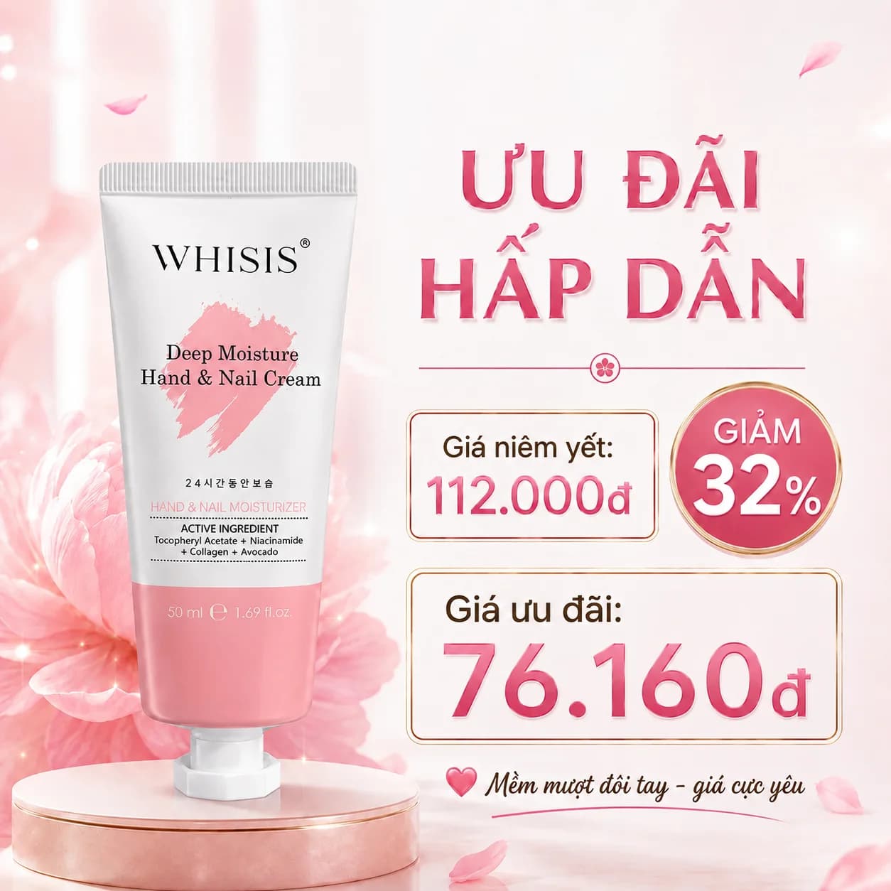 Kem Dưỡng Da Tay & Móng Mềm Mịn Hương Nước Hoa Whisis Deep Moisture Hand & Nail Cream Dưỡng Ẩm Dưỡng Sáng Phục Hồi (50ml)