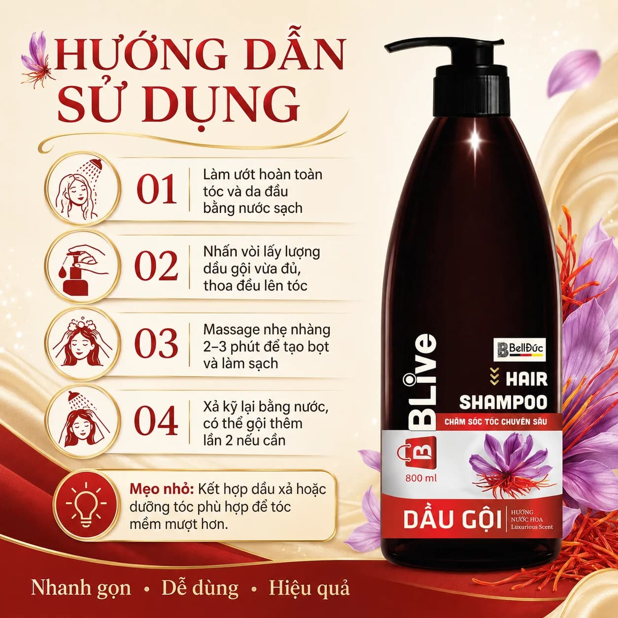Dầu Gội Cao Cấp Blive Hair Shampoo Hương Nước Hoa 800ml (Chai tròn nâu tem đỏ)