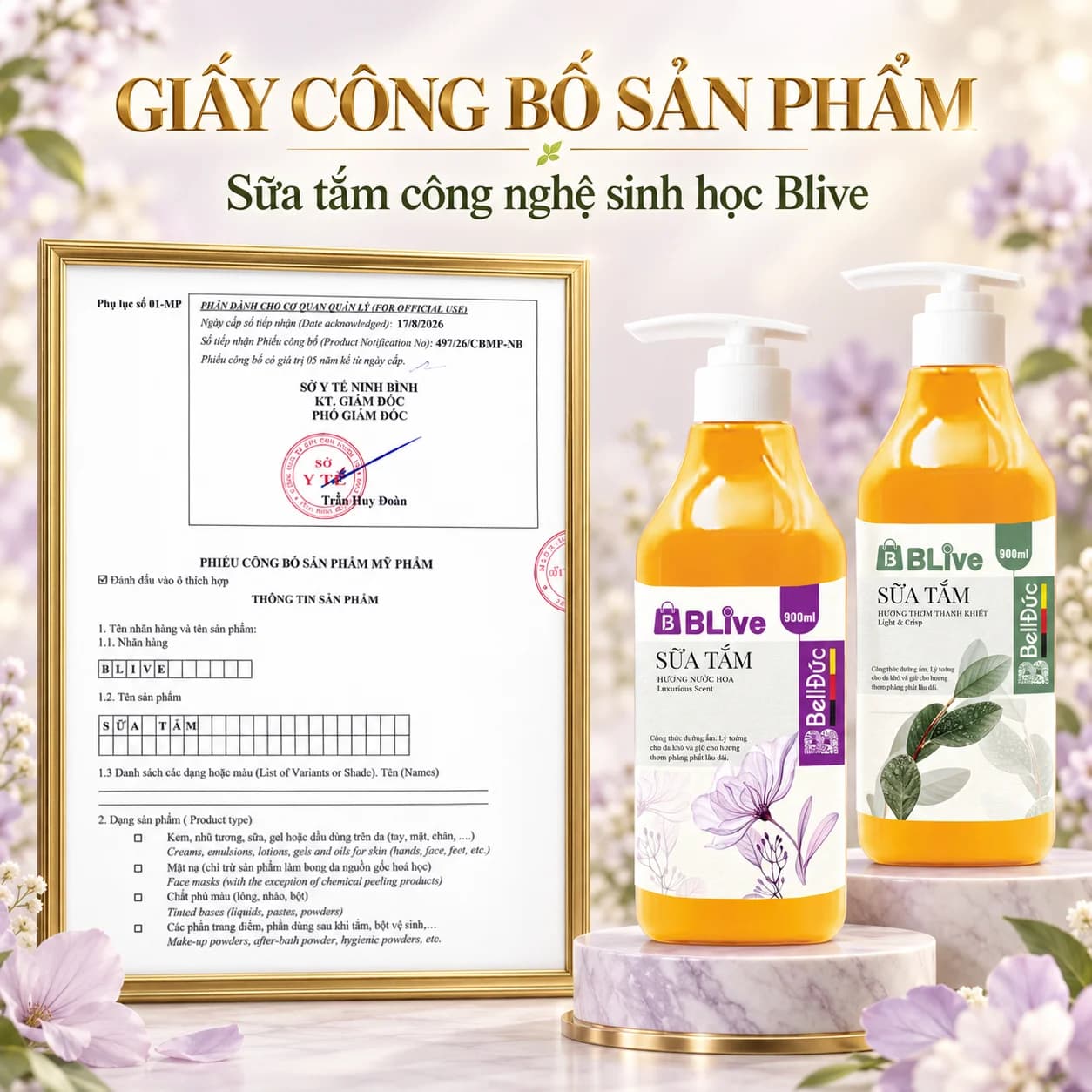 Sữa Tắm Cao Cấp Blive Hương Nước Hoa 900ml (Vuông vàng tem tím)