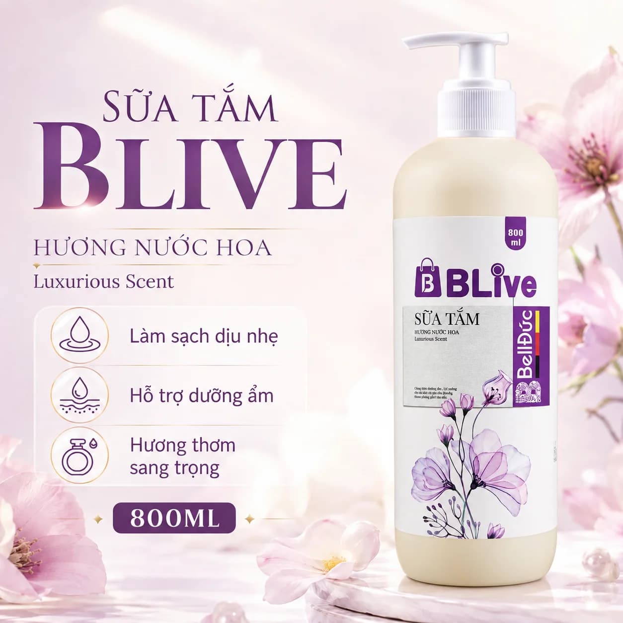 Sữa Tắm Cao Cấp Blive Hương Nước Hoa 800ml (Chai tròn HD tem tím)