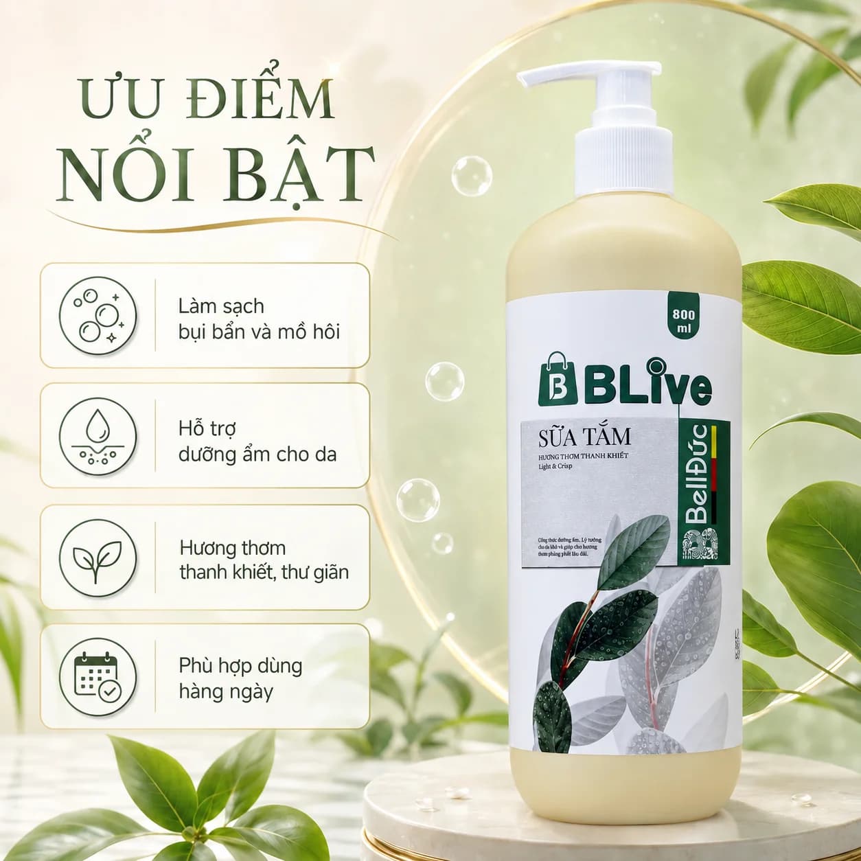 Sữa Tắm Cao Cấp Blive Hương Thanh Khiết 800ml (Chai tròn HD tem tím)