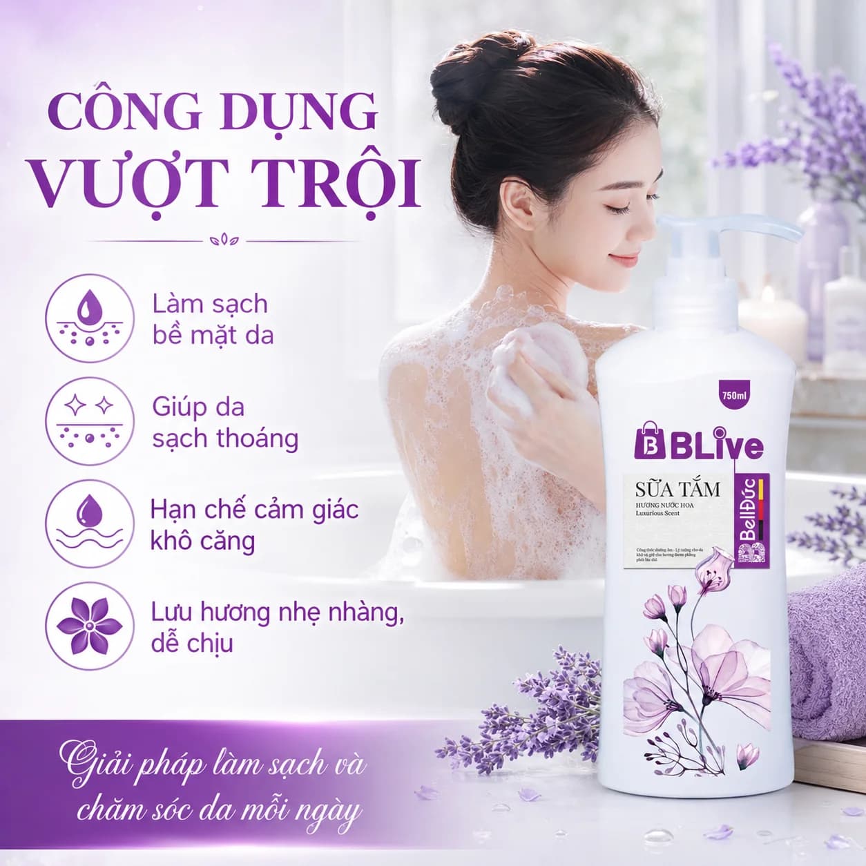 Sữa Tắm Cao Cấp Blive Hương Nước Hoa 750ml (Chai hàn lùn tím)