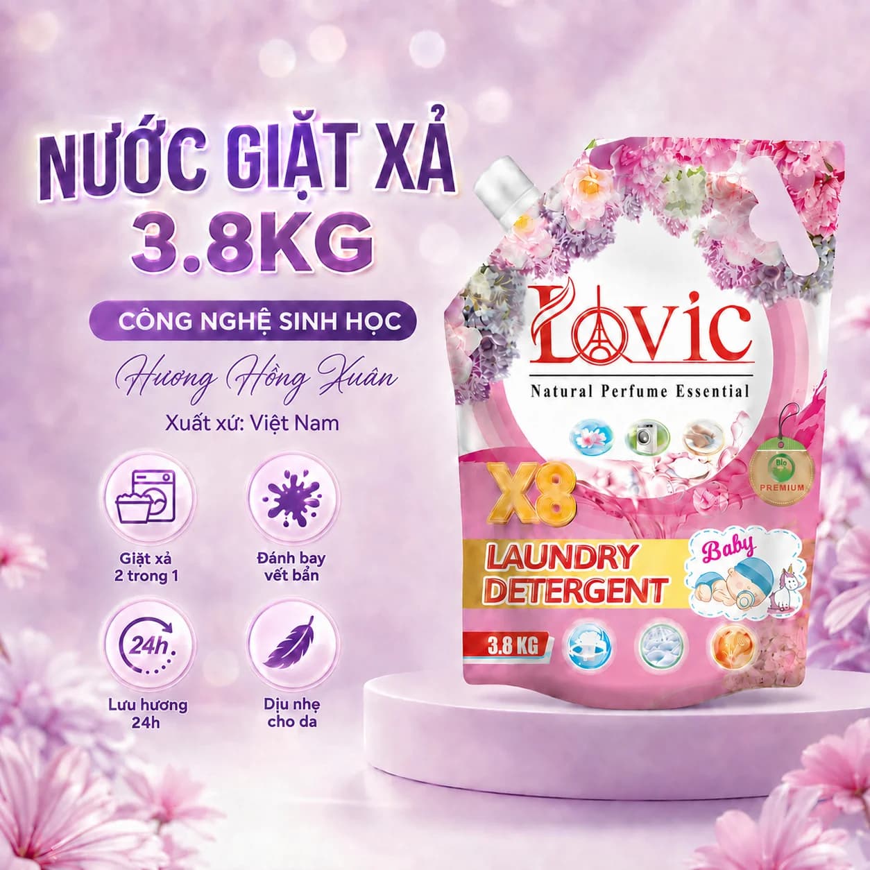 3,8kg Nước Giặt Xả Cao Cấp Công Nghệ Sinh Học Lovic Hương Hồng Xuân (Túi Hồng)