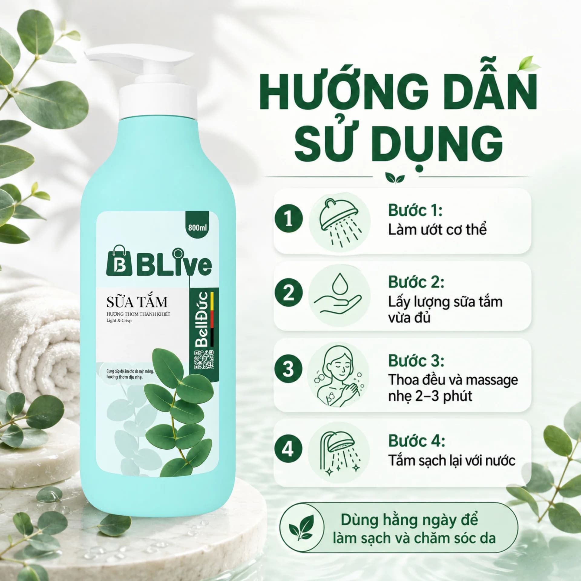 Sữa Tắm Cao Cấp Blive Hương Thanh Khiết 800ml (Thảo dược vương xanh)