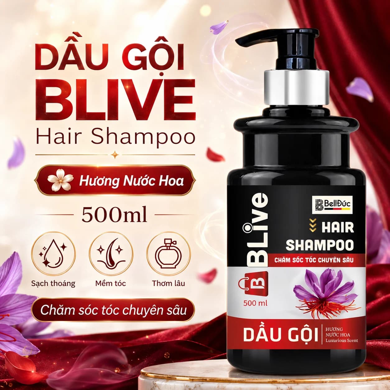 Dầu Gội Cao Cấp Blive Hair Shampoo Hương Nước Hoa 500ml (Chai tròn trụ đen tem đỏ)