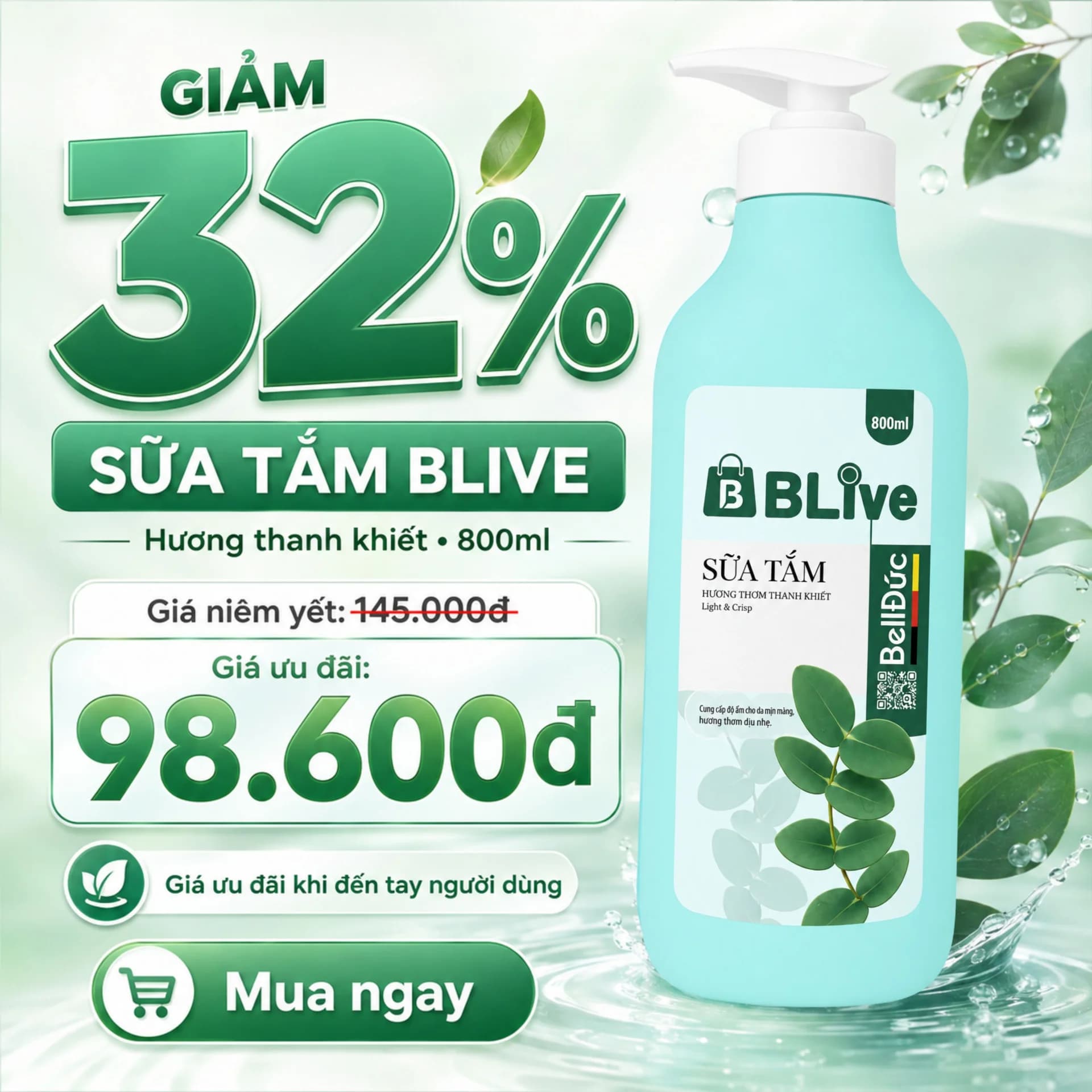Sữa Tắm Cao Cấp Blive Hương Thanh Khiết 800ml (Thảo dược vương xanh)