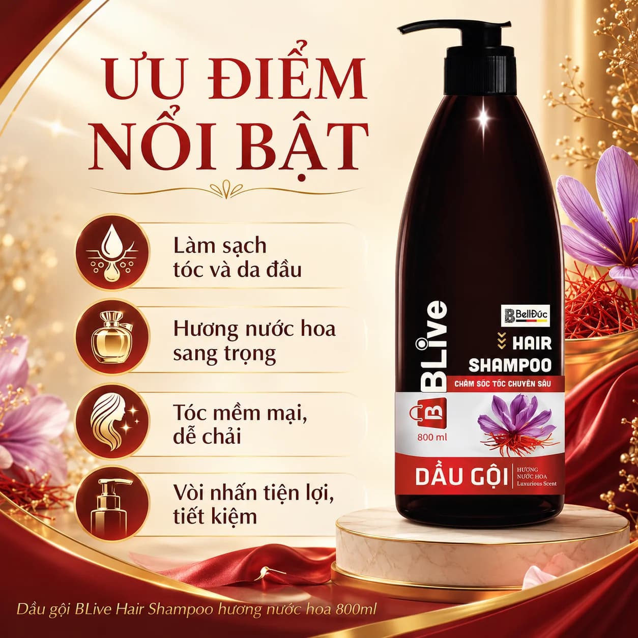 Dầu Gội Cao Cấp Blive Hair Shampoo Hương Nước Hoa 800ml (Chai tròn nâu tem đỏ)
