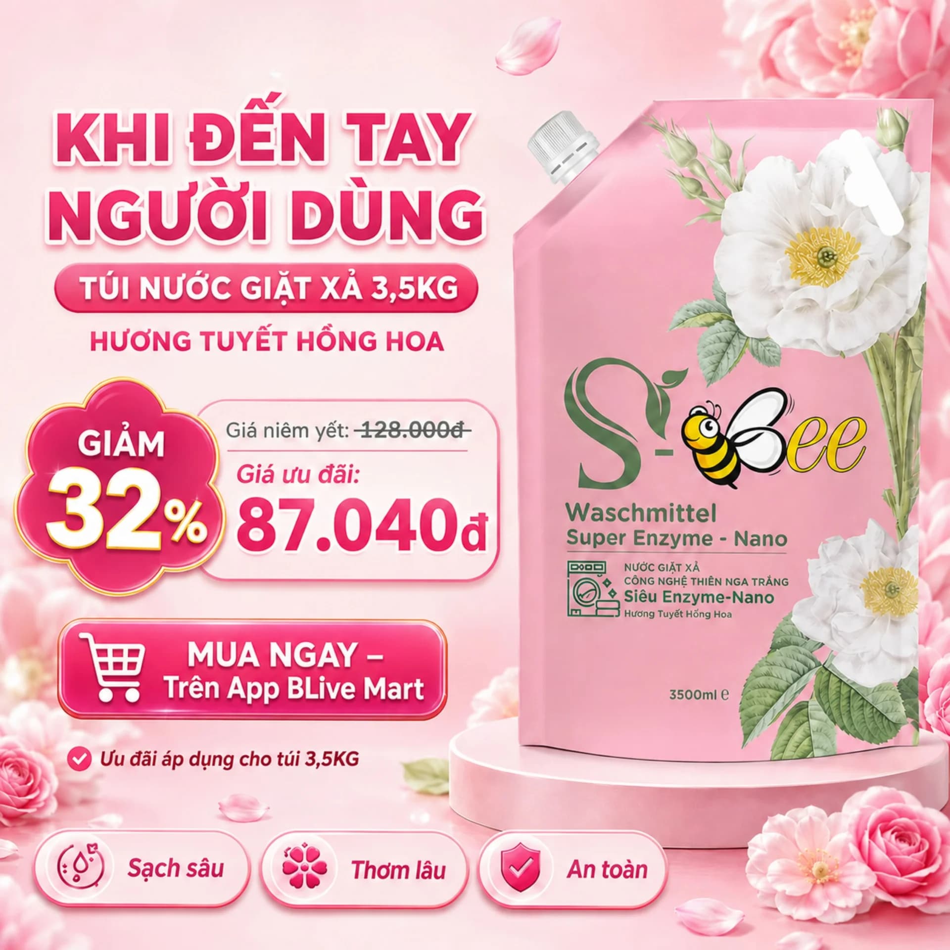 3,5kg Túi Nước Giặt Xả Dbii hương Tuyết Hồng Hoa