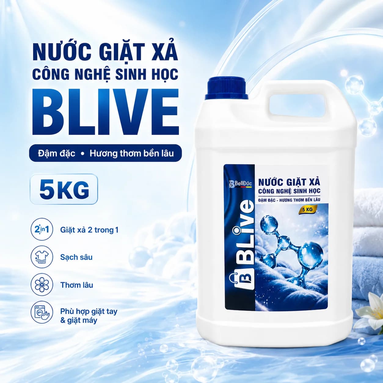 5kg Nước Giặt Xả Cao Cấp Công Nghệ Sinh Học Blive (Xanh Dương)