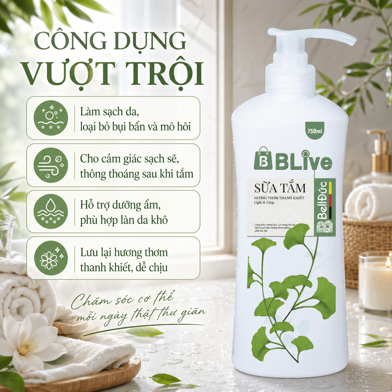 Sữa Tắm Cao Cấp Blive Hương Thơm Thanh Khiết 750ml (Chai hàn lùn xanh)