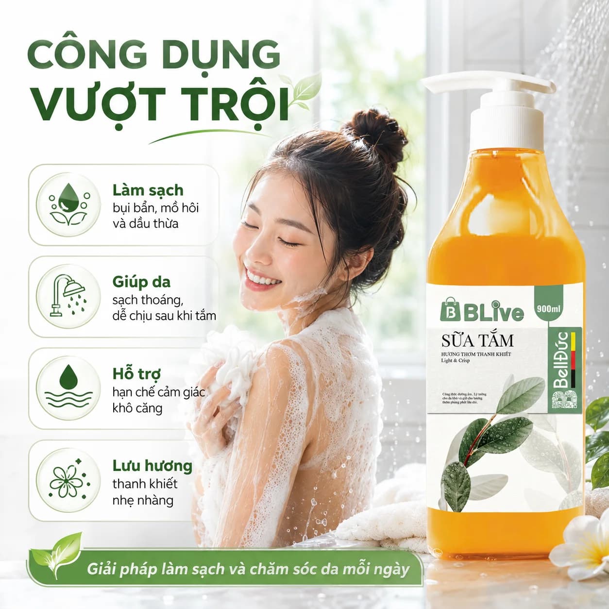 Sữa Tắm Cao Cấp Blive Hương Thơm Thanh Khiết 900ml (Vuông vàng tem xanh)