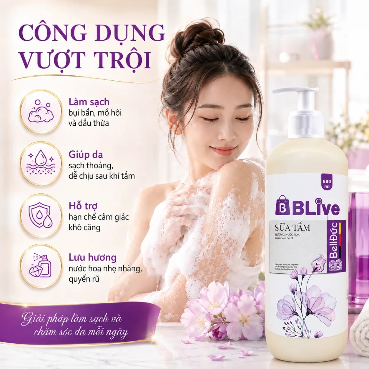 Sữa Tắm Cao Cấp Blive Hương Nước Hoa 800ml (Chai tròn HD tem tím)