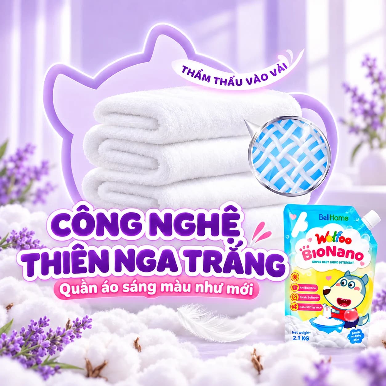 2,1kg Túi Nước Giặt Xả Cao Cấp Công Nghệ Sinh Học Dành Cho Bé Baby Wolfoo Siêu Lành Tính (Màu Xanh)