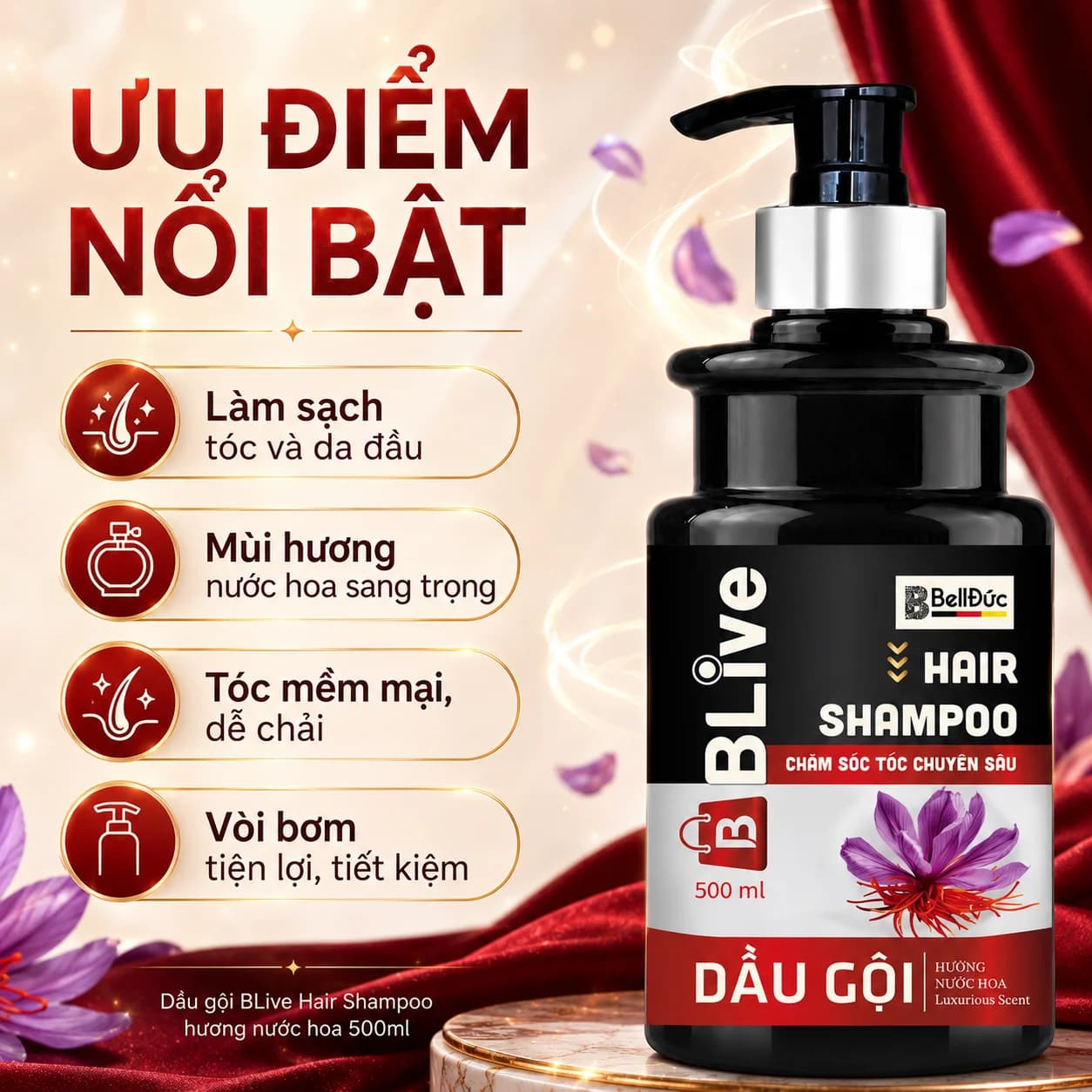 Dầu Gội Cao Cấp Blive Hair Shampoo Hương Nước Hoa 500ml (Chai tròn trụ đen tem đỏ)