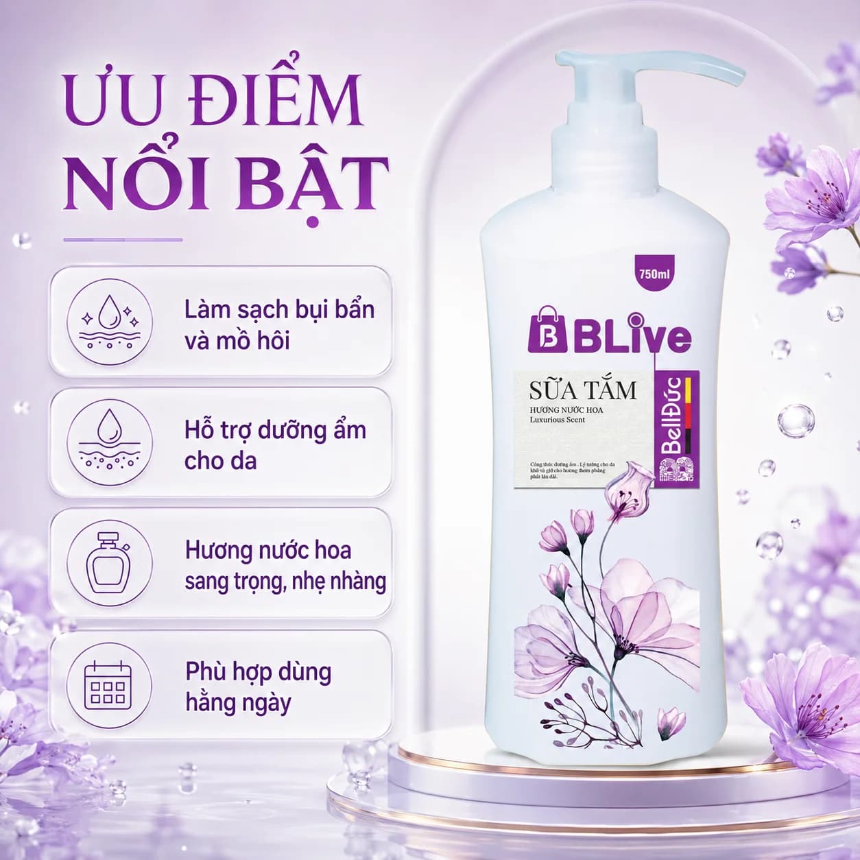 Sữa Tắm Cao Cấp Blive Hương Nước Hoa 750ml (Chai hàn lùn tím)