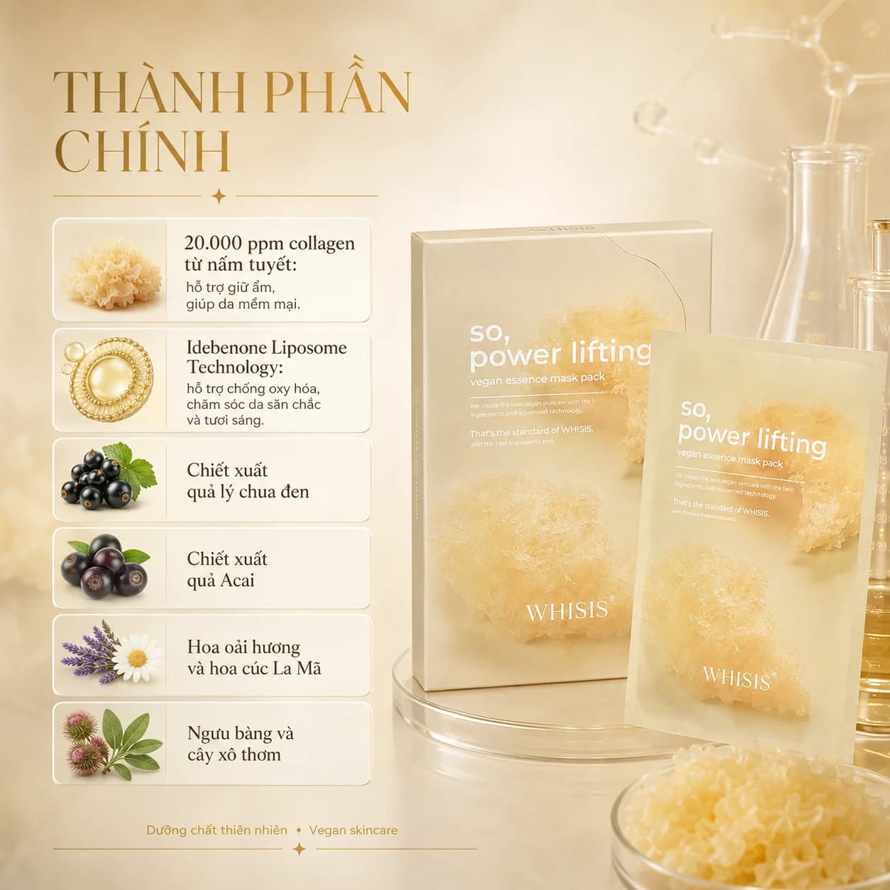 Mặt Nạ Giấy Dưỡng Da Thuần Chay Cao Cấp WHISIS Power Lifting Vegan Essence Mask Pack (27gx5 miếng)