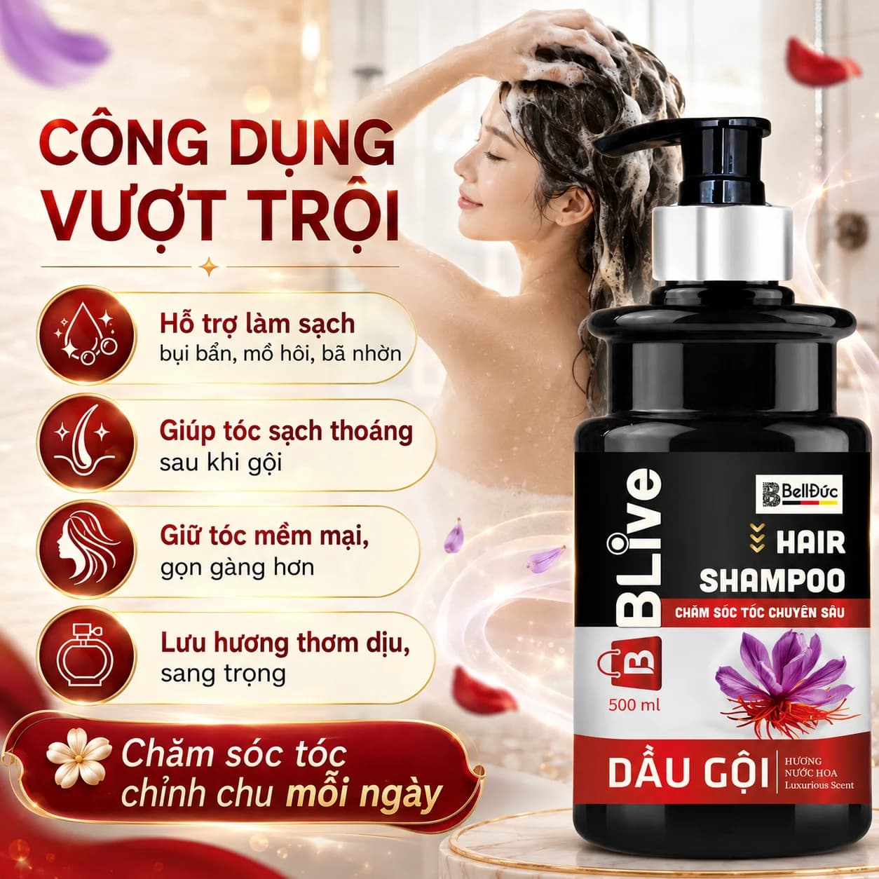 Dầu Gội Cao Cấp Blive Hair Shampoo Hương Nước Hoa 500ml (Chai tròn trụ đen tem đỏ)