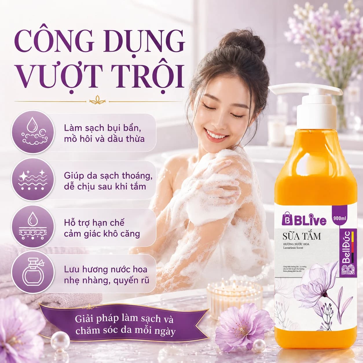 Sữa Tắm Cao Cấp Blive Hương Nước Hoa 900ml (Vuông vàng tem tím)