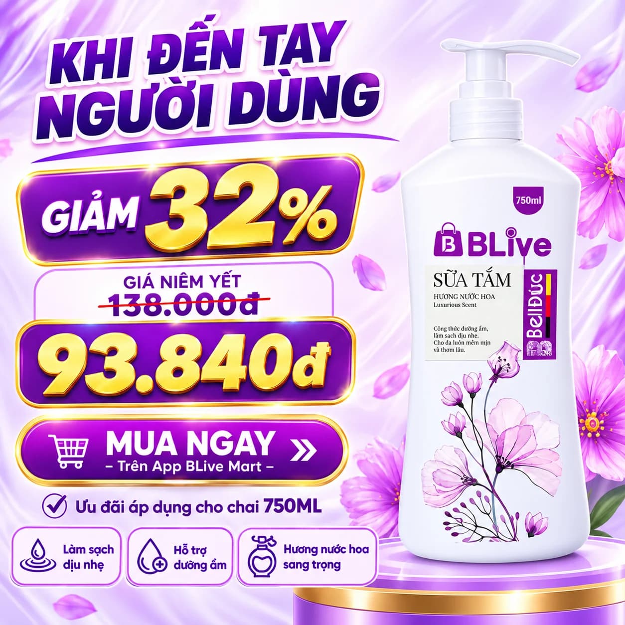 Sữa Tắm Cao Cấp Blive Hương Nước Hoa 750ml (Chai hàn lùn tím)