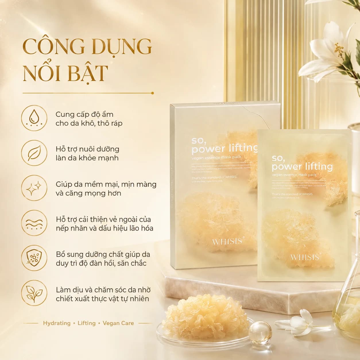 Mặt Nạ Giấy Dưỡng Da Thuần Chay Cao Cấp WHISIS Power Lifting Vegan Essence Mask Pack (27gx5 miếng)