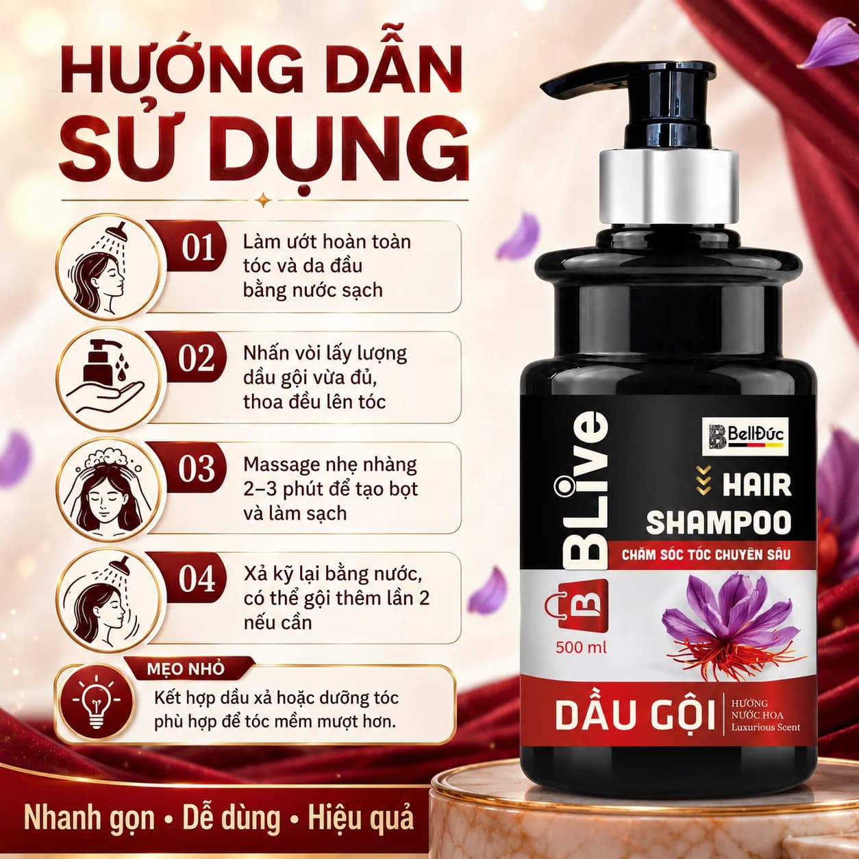 Dầu Gội Cao Cấp Blive Hair Shampoo Hương Nước Hoa 500ml (Chai tròn trụ đen tem đỏ)