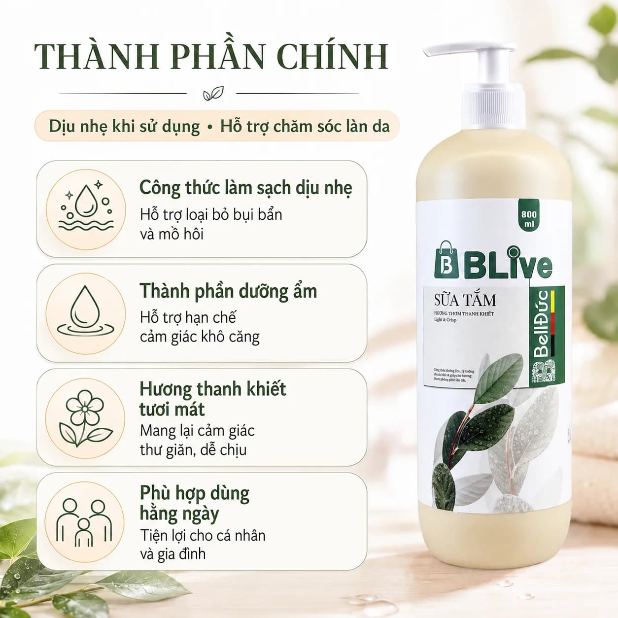 Sữa Tắm Cao Cấp Blive Hương Thanh Khiết 800ml (Chai tròn HD tem tím)