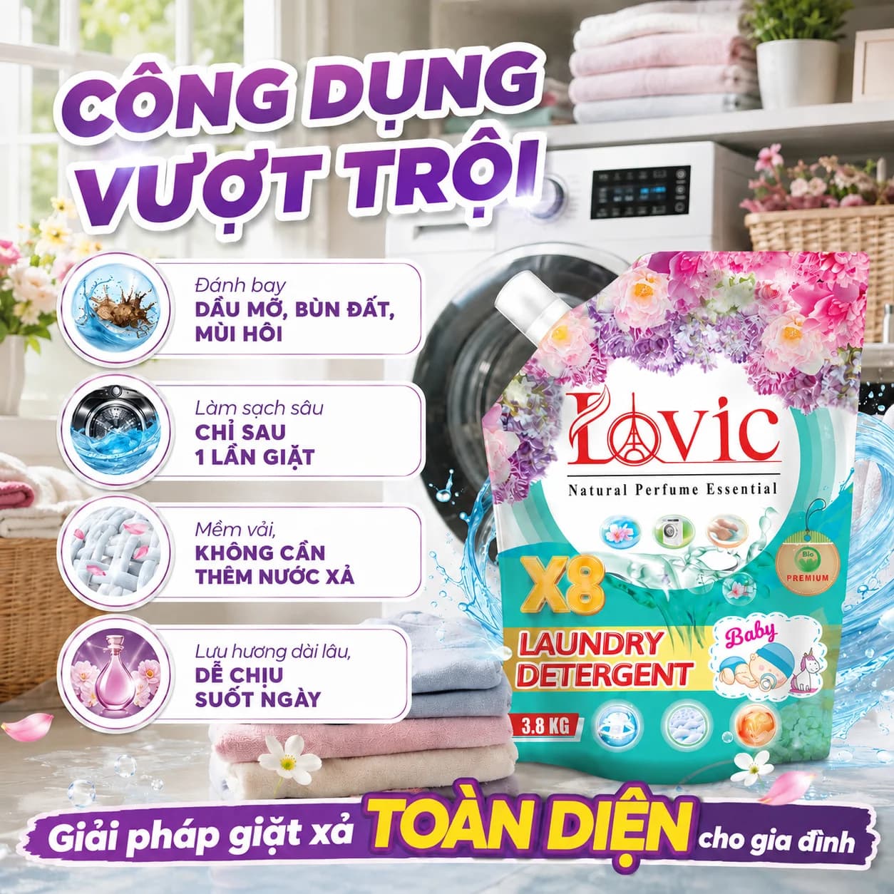 3,8kg Nước Giặt Xả Cao Cấp Công Nghệ Sinh Học Lovic Hương Lộc Biếc (Túi Xanh)