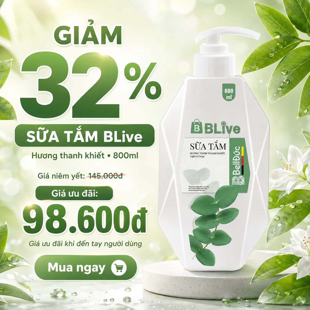 Sữa Tắm Cao Cấp Blive Hương Thanh Khiết 800ml (Quả trám tem xanh)