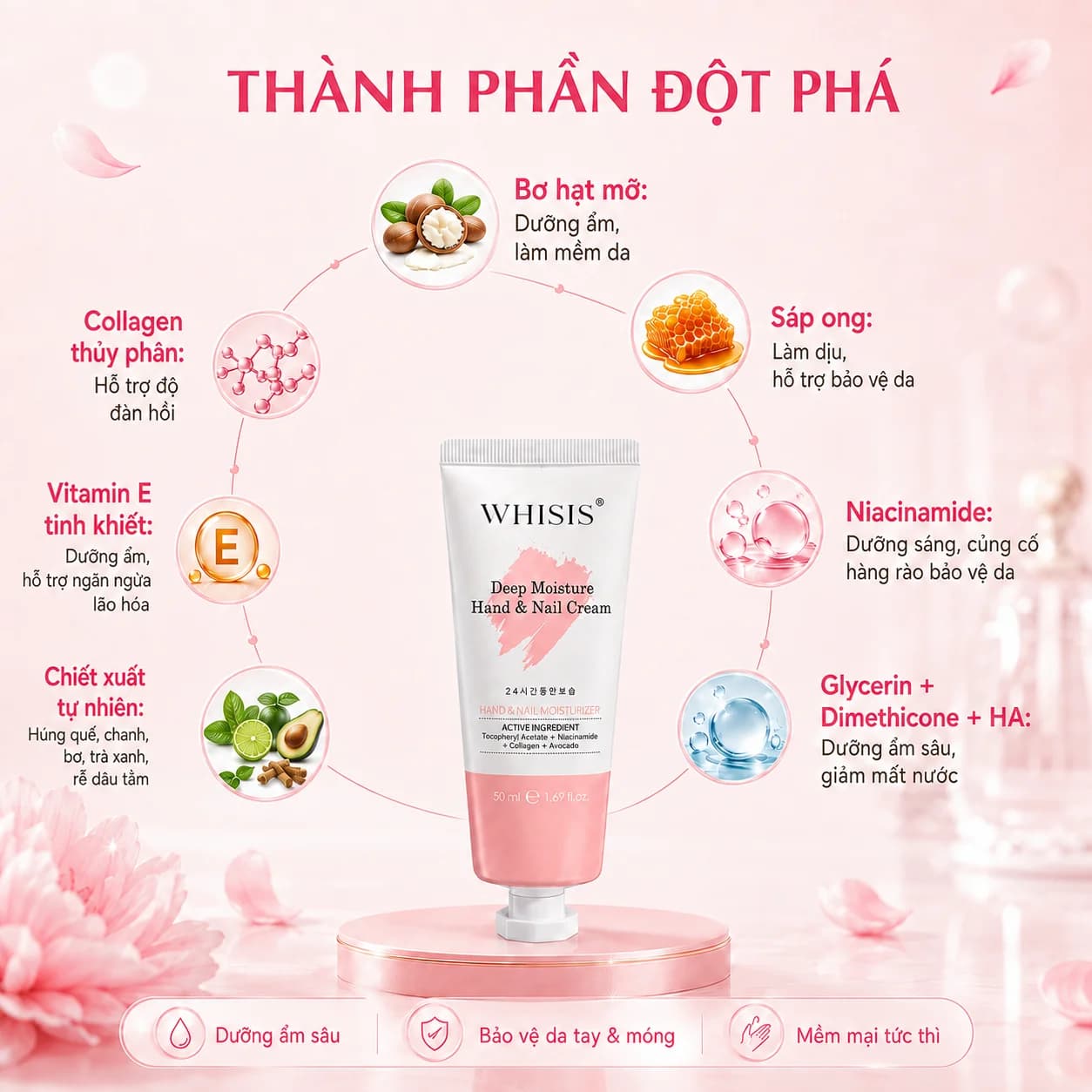 Kem Dưỡng Da Tay & Móng Mềm Mịn Hương Nước Hoa Whisis Deep Moisture Hand & Nail Cream Dưỡng Ẩm Dưỡng Sáng Phục Hồi (50ml)