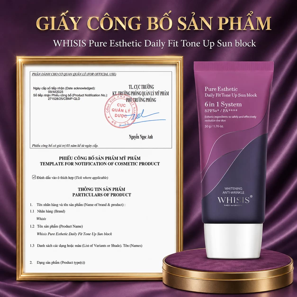 Kem Chống Nắng Cao Cấp Hàn Quốc Nâng Tone WHISIS Pure Esthetic Daily Fit Tone Up Sun Block (SPF50+/PA++++) 50g