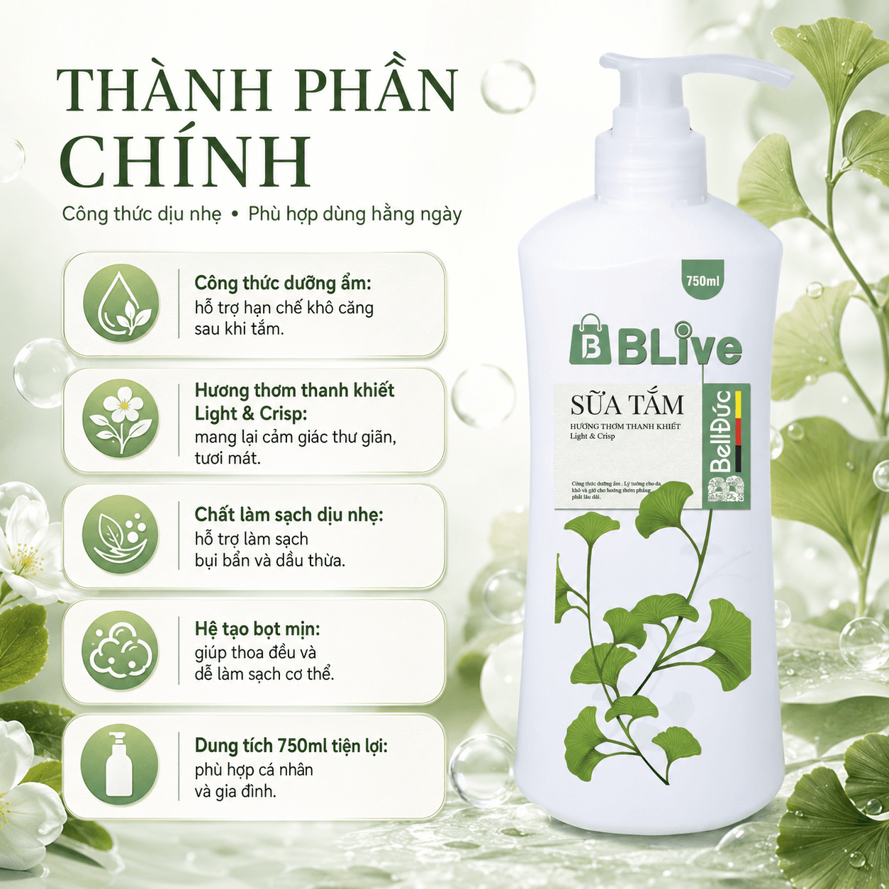 Sữa Tắm Cao Cấp Blive Hương Thơm Thanh Khiết 750ml (Chai hàn lùn xanh)