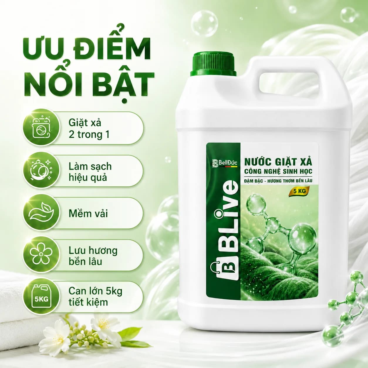 5kg Nước Giặt Xả Cao Cấp Công Nghệ Sinh Học Blive (Xanh Lá)
