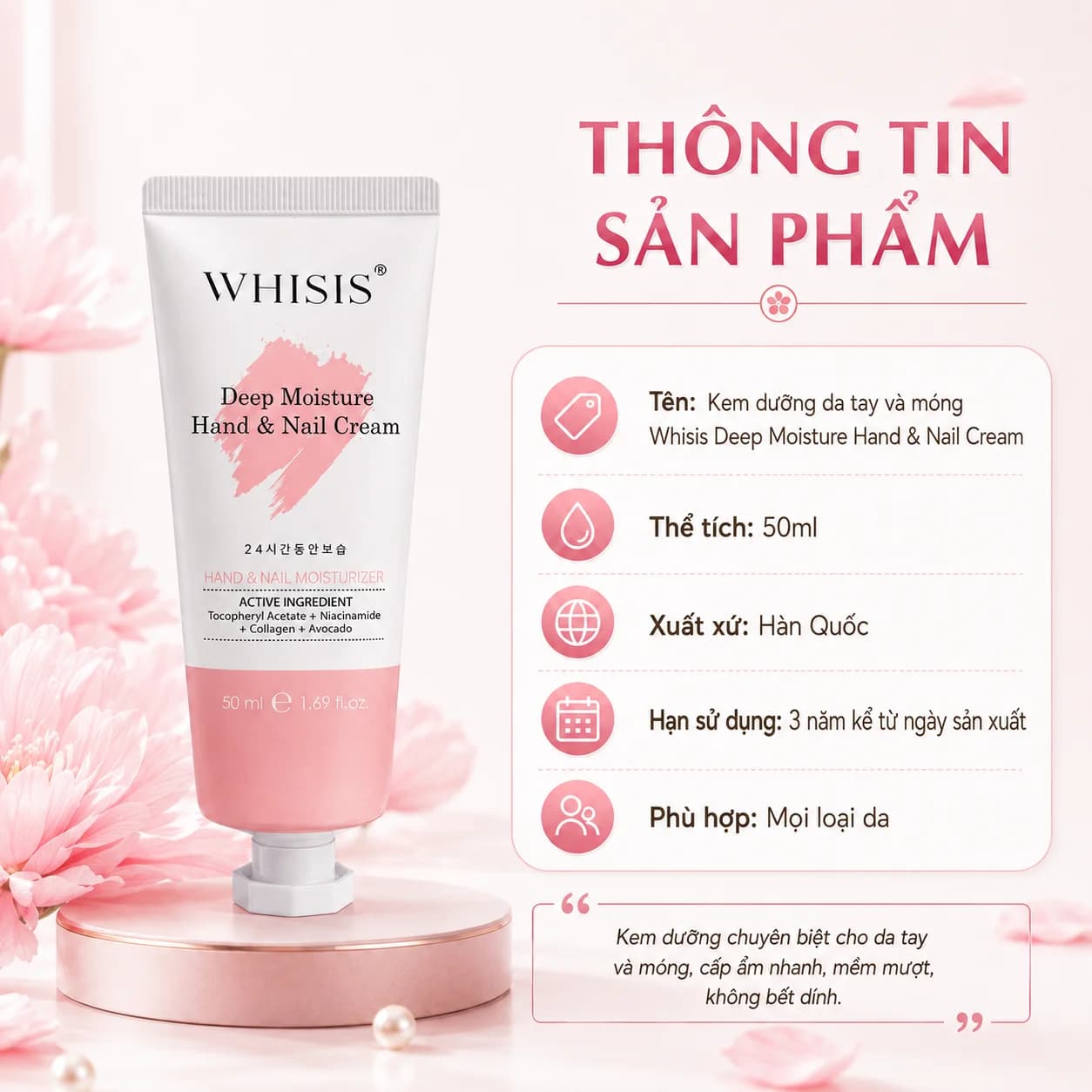 Kem Dưỡng Da Tay & Móng Mềm Mịn Hương Nước Hoa Whisis Deep Moisture Hand & Nail Cream Dưỡng Ẩm Dưỡng Sáng Phục Hồi (50ml)