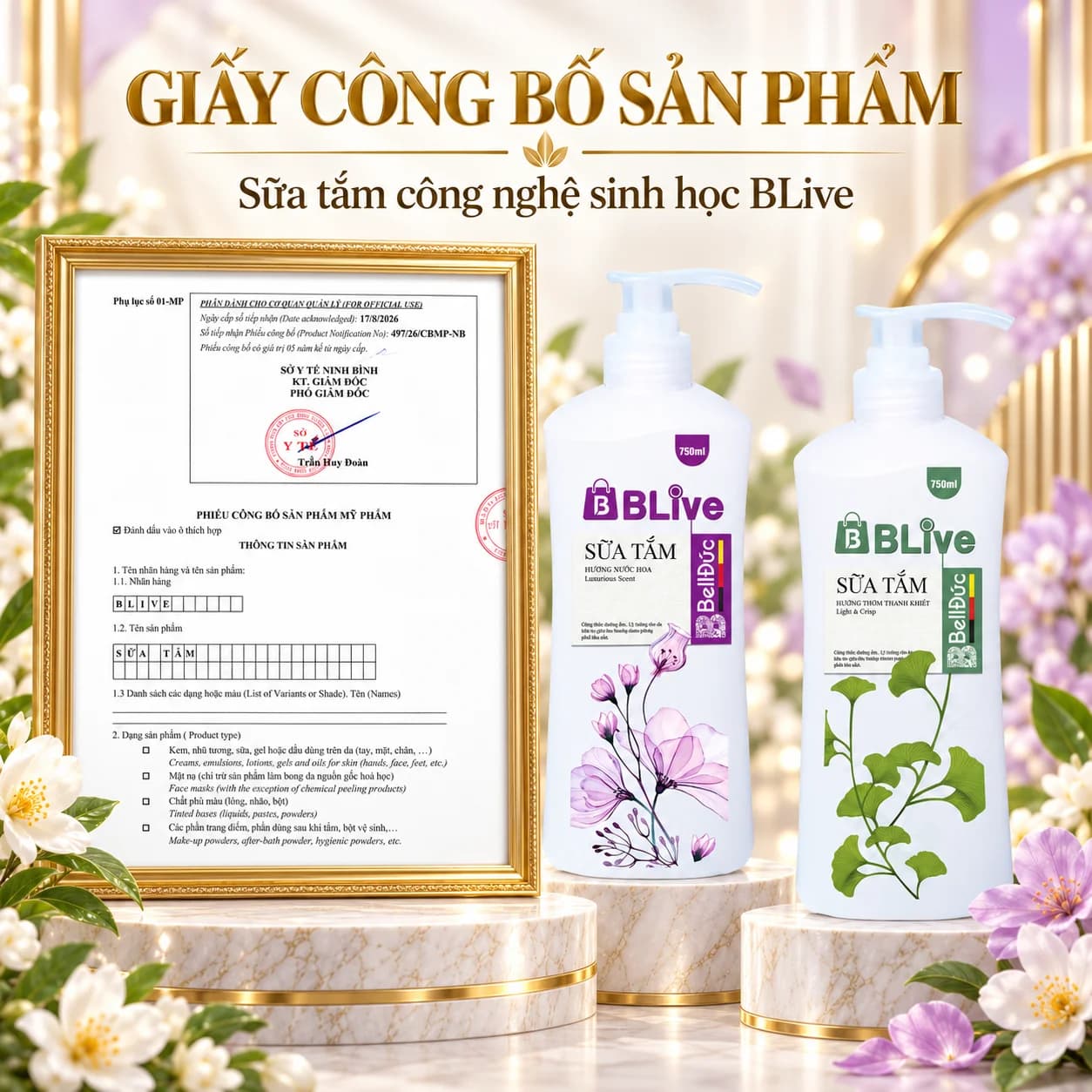 Sữa Tắm Cao Cấp Blive Hương Thơm Thanh Khiết 750ml (Chai hàn lùn xanh)