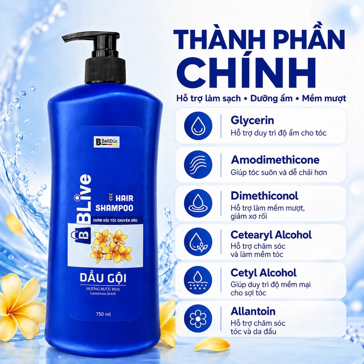 Dầu gội Cao Cấp BLive Hair Shampoo Nước Hoa 750ml (Chai lùn xanh)
